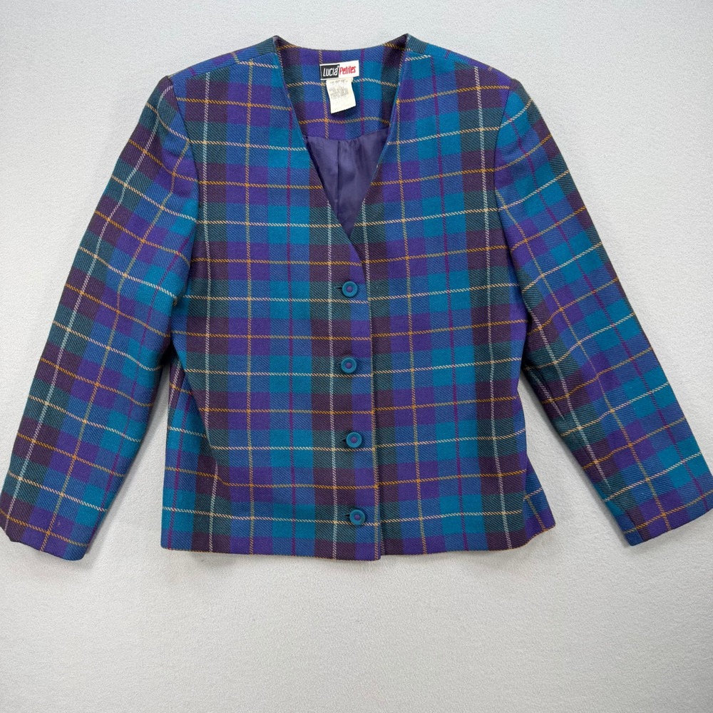 Lucia Petites 10 Blazer Women Purple Teal Plaid Wool Blend 80s Vintage Jacket